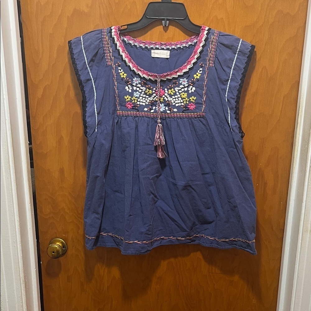 Altar'd State Navy Floral Embroidered Blouse